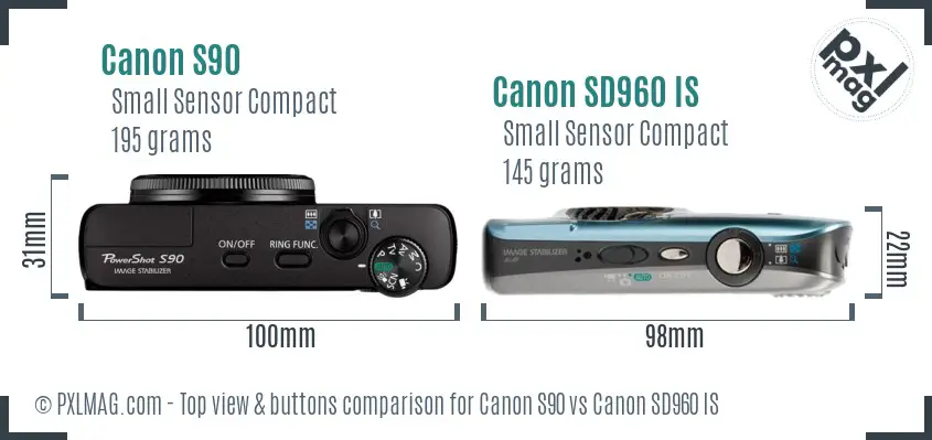 Canon S90 vs Canon SD960 IS top view buttons comparison