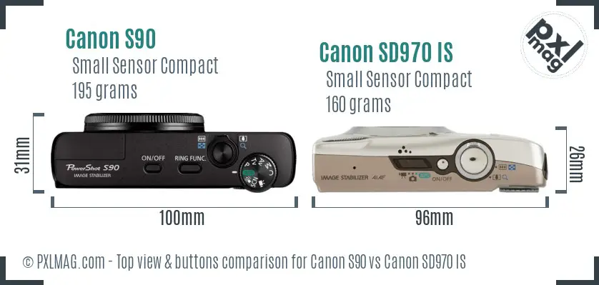 Canon S90 vs Canon SD970 IS top view buttons comparison Canon S90 vs Canon SD970 IS top view buttons comparison