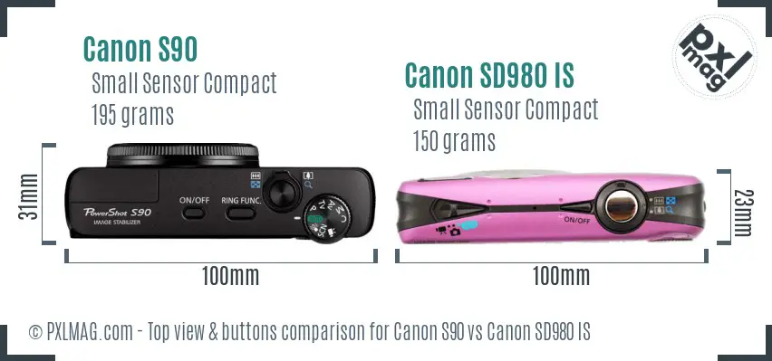 Canon S90 vs Canon SD980 IS top view buttons comparison