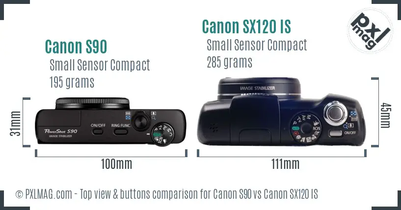 Canon S90 vs Canon SX120 IS top view buttons comparison Canon S90 vs Canon SX120 IS top view buttons comparison
