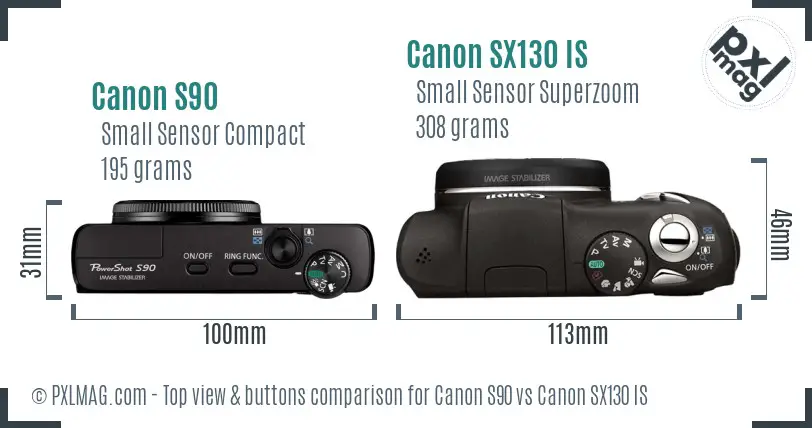 Canon S90 vs Canon SX130 IS top view buttons comparison
