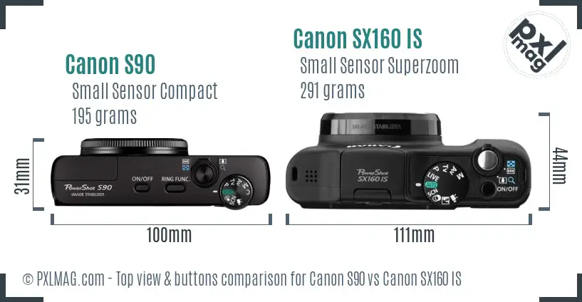 Canon S90 vs Canon SX160 IS top view buttons comparison