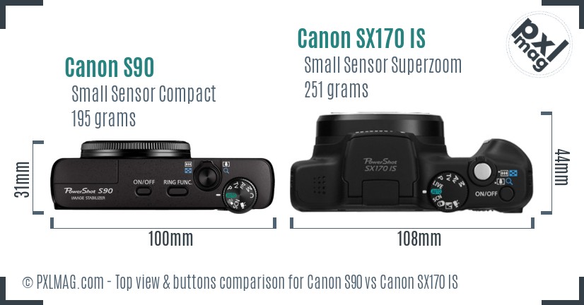 Canon S90 vs Canon SX170 IS top view buttons comparison