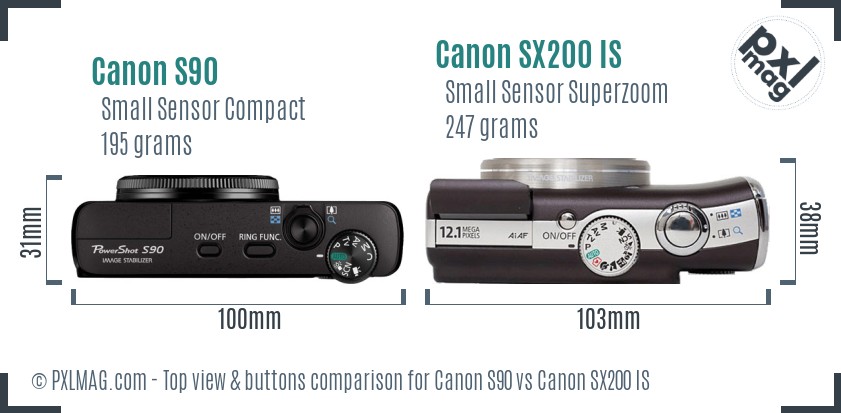 Canon S90 vs Canon SX200 IS top view buttons comparison