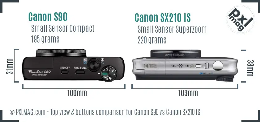 Canon S90 vs Canon SX210 IS top view buttons comparison
