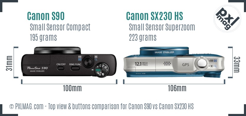 Canon S90 vs Canon SX230 HS top view buttons comparison