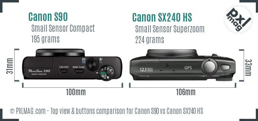 Canon S90 vs Canon SX240 HS top view buttons comparison