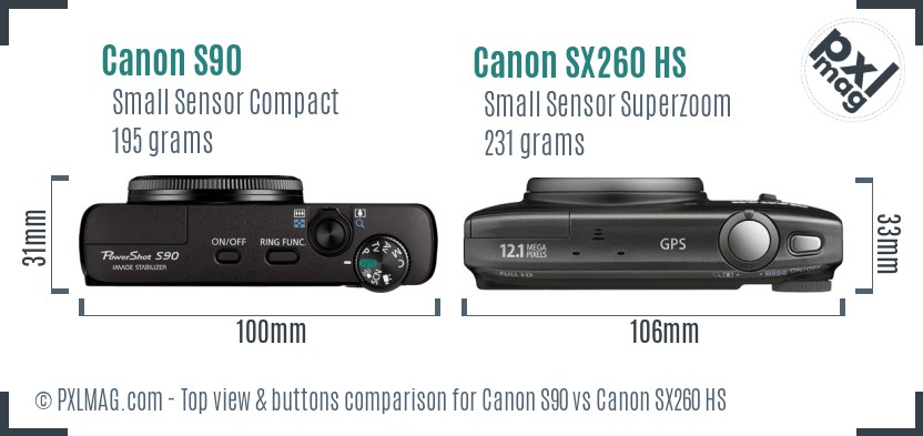 Canon S90 vs Canon SX260 HS top view buttons comparison