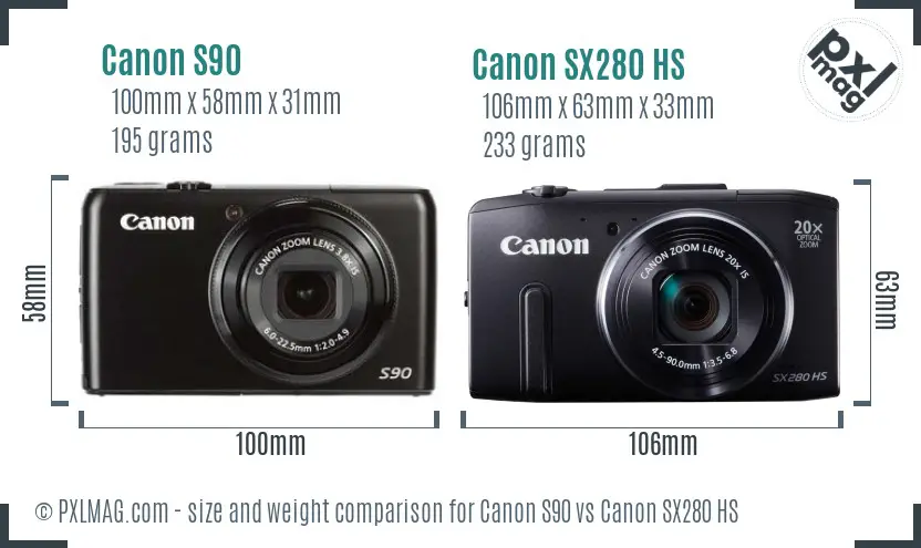 Canon S90 vs Canon SX280 HS size comparison