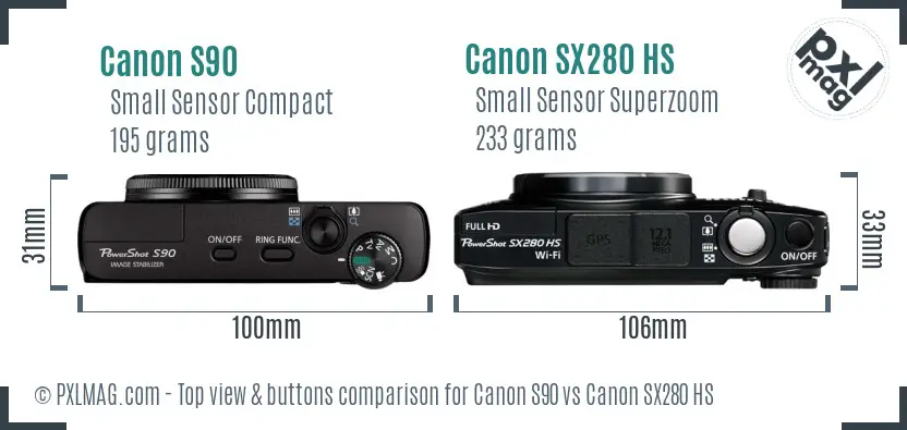 Canon S90 vs Canon SX280 HS top view buttons comparison