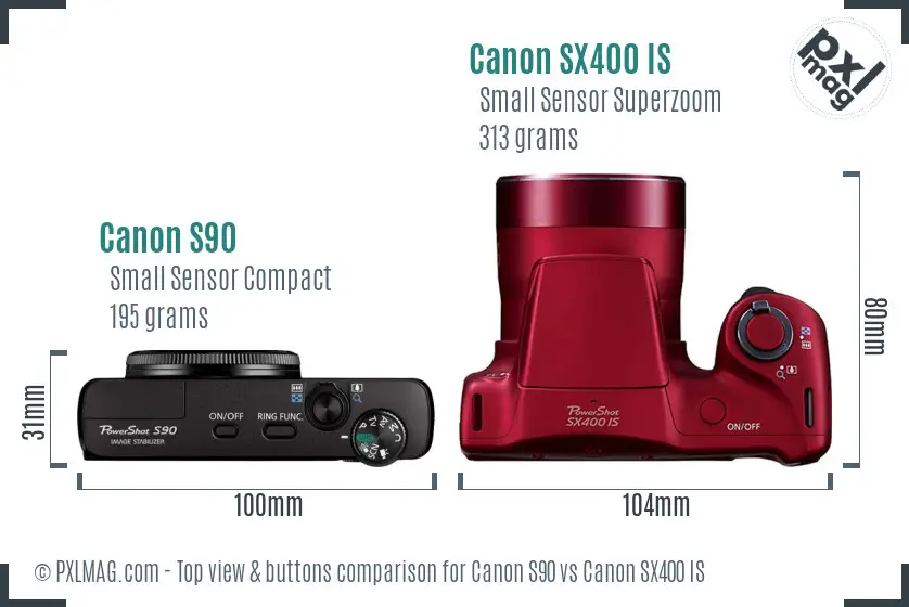 Canon S90 vs Canon SX400 IS top view buttons comparison