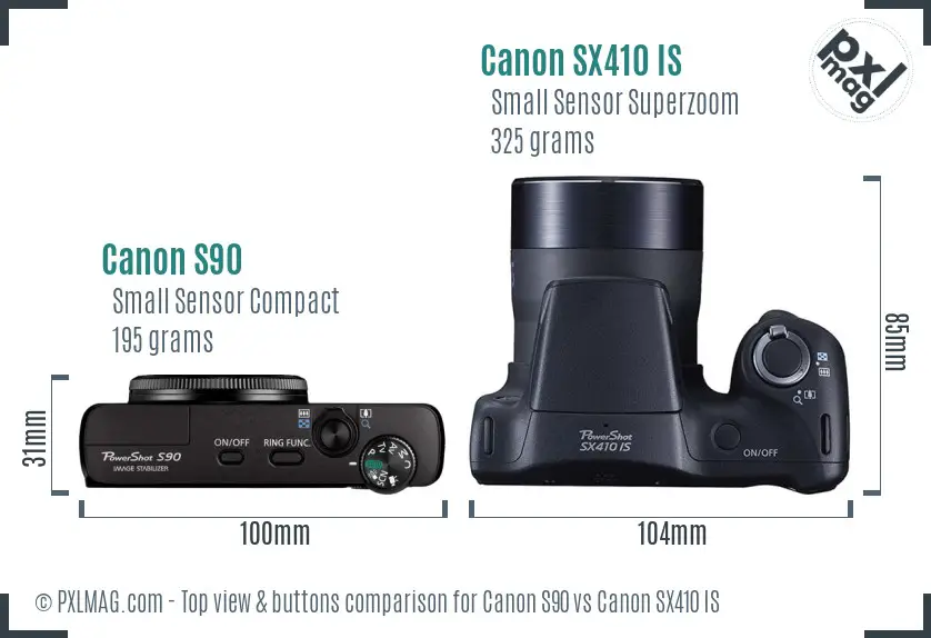 Canon S90 vs Canon SX410 IS top view buttons comparison