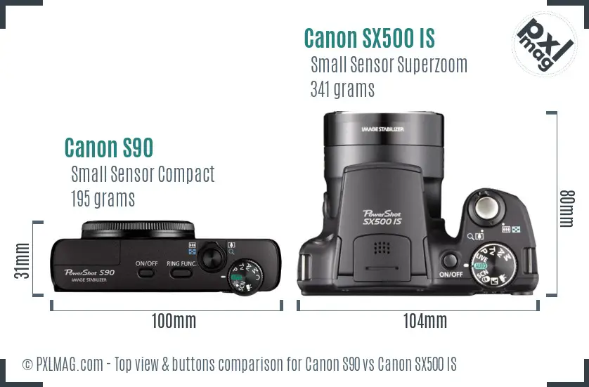 Canon S90 vs Canon SX500 IS top view buttons comparison