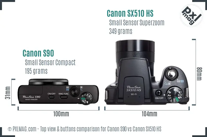 Canon S90 vs Canon SX510 HS top view buttons comparison