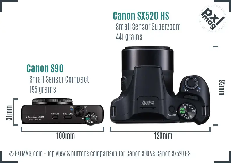 Canon S90 vs Canon SX520 HS top view buttons comparison