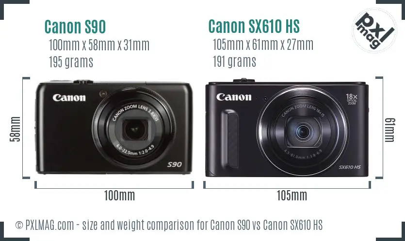 Canon S90 vs Canon SX610 HS size comparison