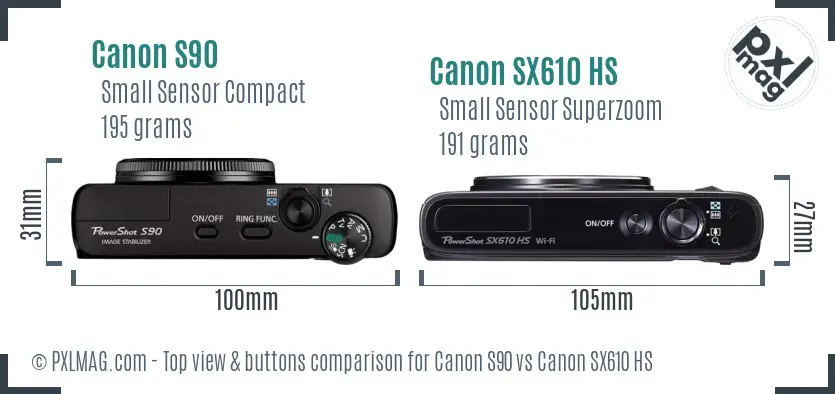 Canon S90 vs Canon SX610 HS top view buttons comparison
