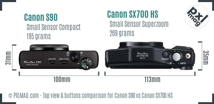 Canon S90 vs Canon SX700 HS top view buttons comparison