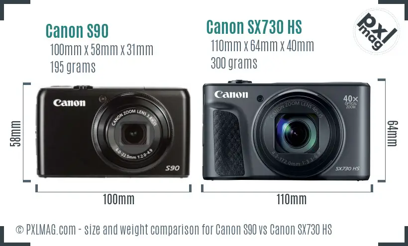 Canon S90 vs Canon SX730 HS size comparison