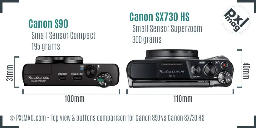 Canon S90 vs Canon SX730 HS top view buttons comparison