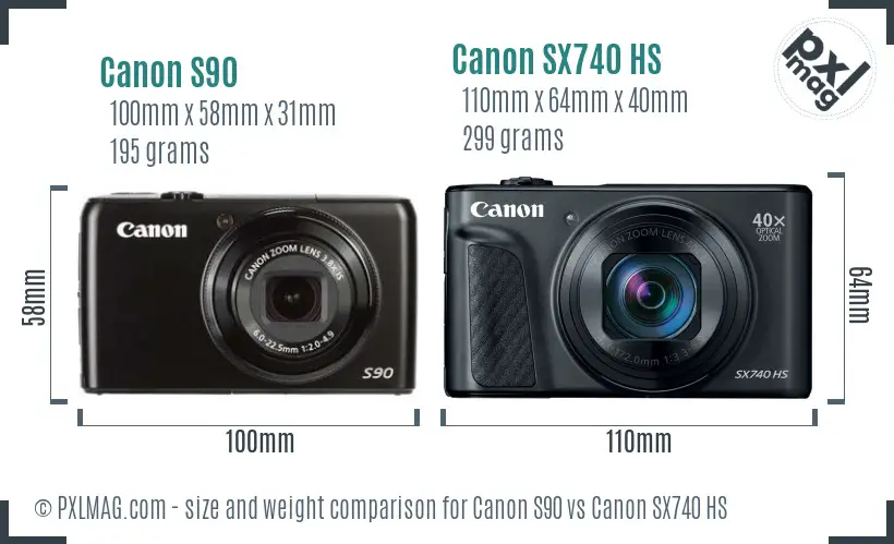 Canon S90 vs Canon SX740 HS size comparison