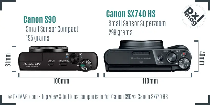 Canon S90 vs Canon SX740 HS top view buttons comparison