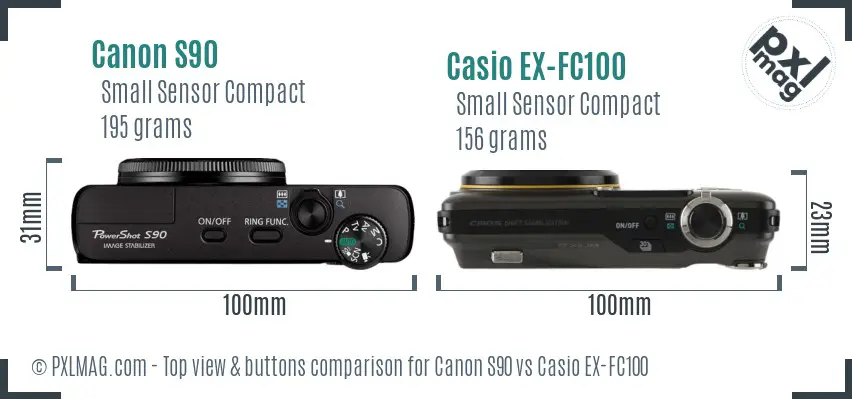 Canon S90 vs Casio EX-FC100 top view buttons comparison