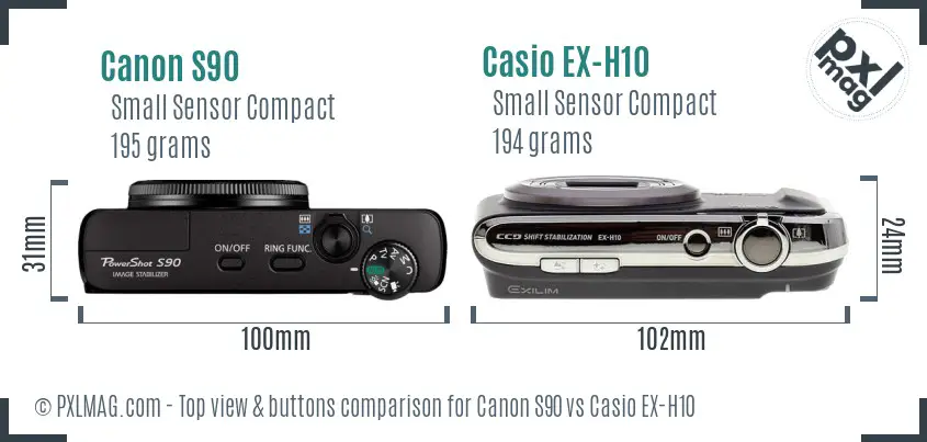 Canon S90 vs Casio EX-H10 top view buttons comparison