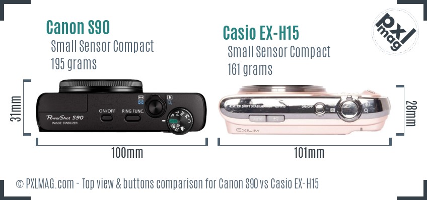 Canon S90 vs Casio EX-H15 top view buttons comparison