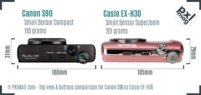 Canon S90 vs Casio EX-H30 top view buttons comparison
