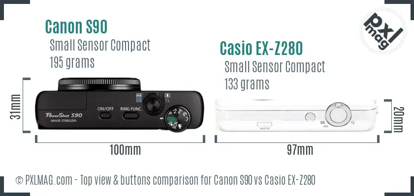 Canon S90 vs Casio EX-Z280 top view buttons comparison