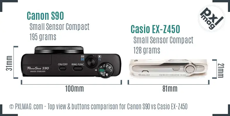 Canon S90 vs Casio EX-Z450 top view buttons comparison
