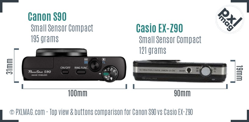Canon S90 vs Casio EX-Z90 top view buttons comparison