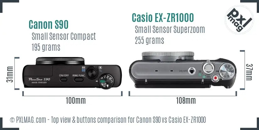 Canon S90 vs Casio EX-ZR1000 top view buttons comparison