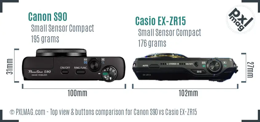Canon S90 vs Casio EX-ZR15 top view buttons comparison Canon S90 vs Casio EX-ZR15 top view buttons comparison