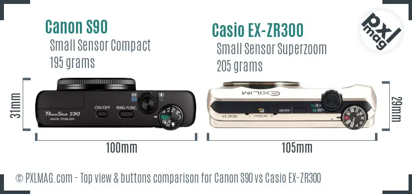 Canon S90 vs Casio EX-ZR300 top view buttons comparison Canon S90 vs Casio EX-ZR300 top view buttons comparison