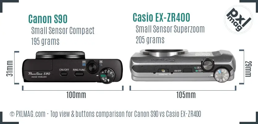 Canon S90 vs Casio EX-ZR400 top view buttons comparison
