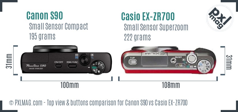 Canon S90 vs Casio EX-ZR700 top view buttons comparison