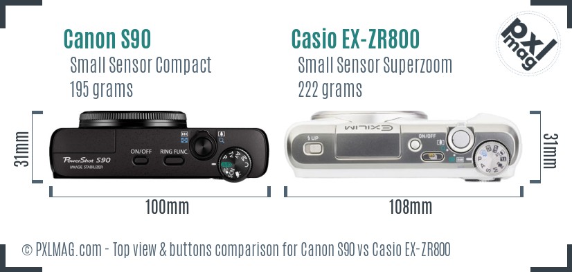 Canon S90 vs Casio EX-ZR800 top view buttons comparison