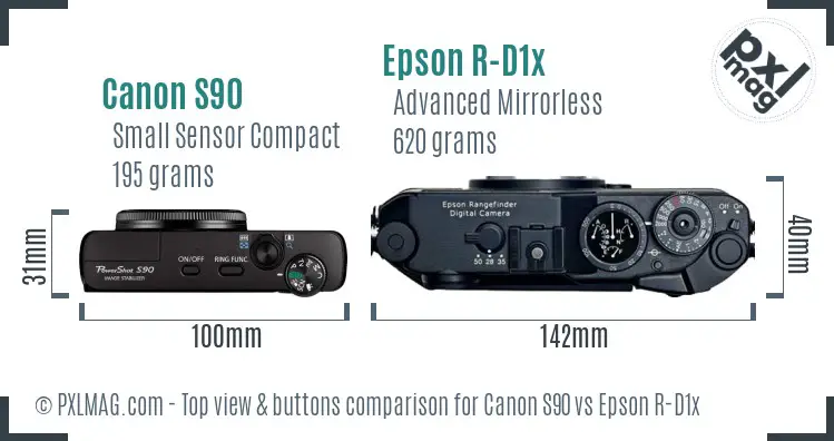 Canon S90 vs Epson R-D1x top view buttons comparison Canon S90 vs Epson R-D1x top view buttons comparison