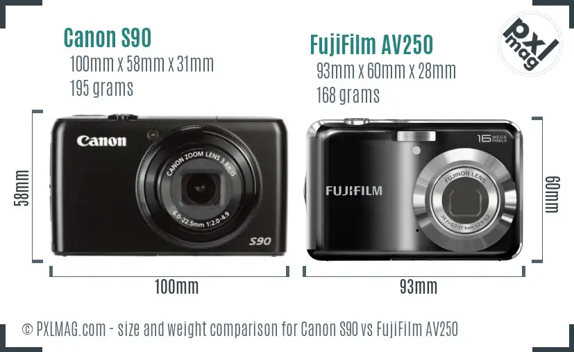 Canon S90 vs FujiFilm AV250 size comparison