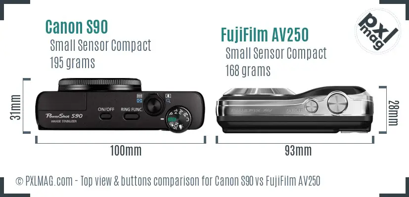 Canon S90 vs FujiFilm AV250 top view buttons comparison