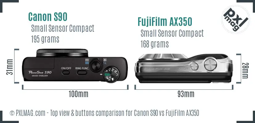 Canon S90 vs FujiFilm AX350 top view buttons comparison