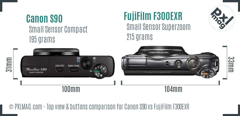 Canon S90 vs FujiFilm F300EXR top view buttons comparison