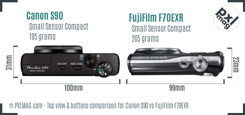 Canon S90 vs FujiFilm F70EXR top view buttons comparison