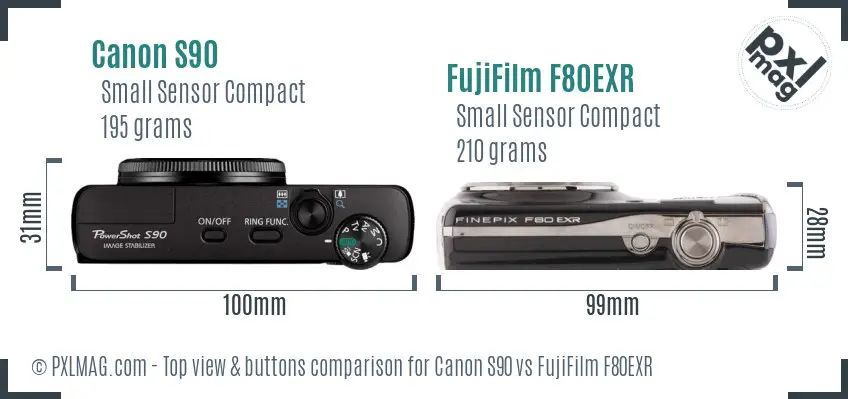 Canon S90 vs FujiFilm F80EXR top view buttons comparison