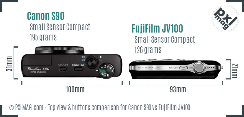 Canon S90 vs FujiFilm JV100 top view buttons comparison