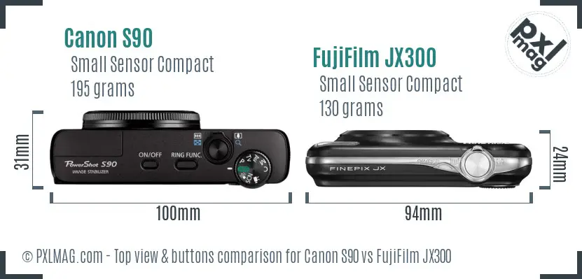 Canon S90 vs FujiFilm JX300 top view buttons comparison