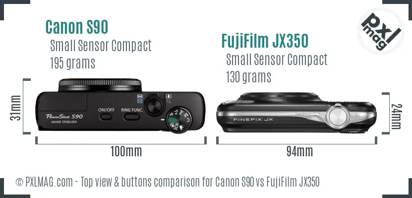 Canon S90 vs FujiFilm JX350 top view buttons comparison