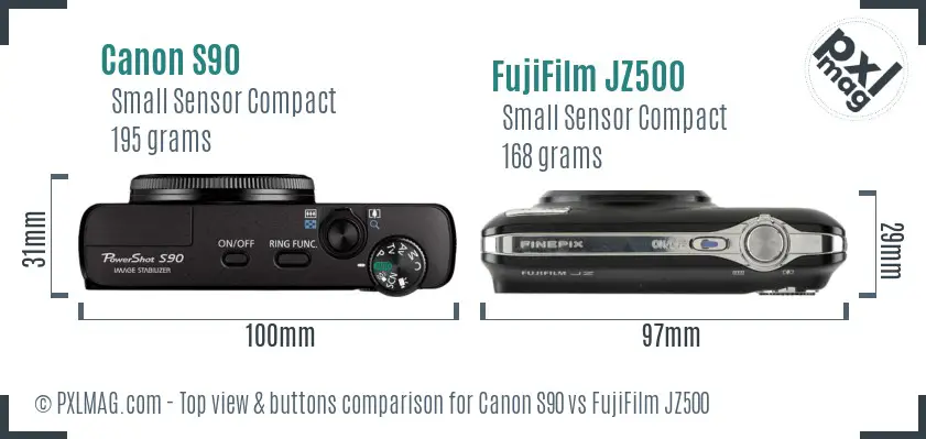 Canon S90 vs FujiFilm JZ500 top view buttons comparison